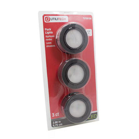 Utilitech 3-Pack 2.66-in Plug-in Puck Under Cabinet Lights, CLEARANCE PRICE: $2.99 + TAX