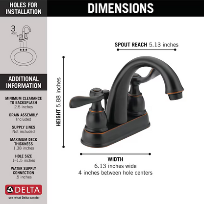 Delta Windemere Oil Ruibbed Bronze 4-in centerset 2-Handle WaterSense Bathroom Sink Faucet with Drain, 25996LF-OB-ECO , Retail: $203.55, FINAL PRICE: $59.99 + TAX