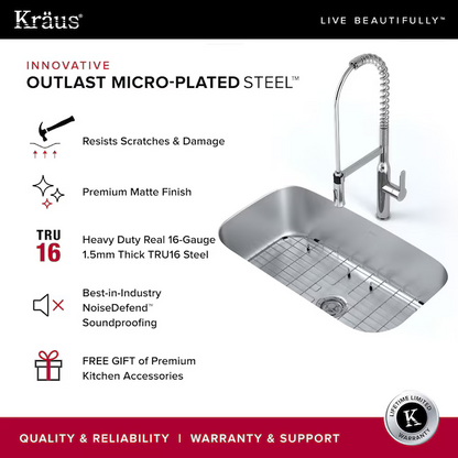 Kraus Outlast MicroShield Undermount 31.5-in x 18.38-in Stainless Steel Single Bowl Kitchen Sink, KBU14E   2845146, MSRP: $239.95, Final Price: $139.00 + Tax