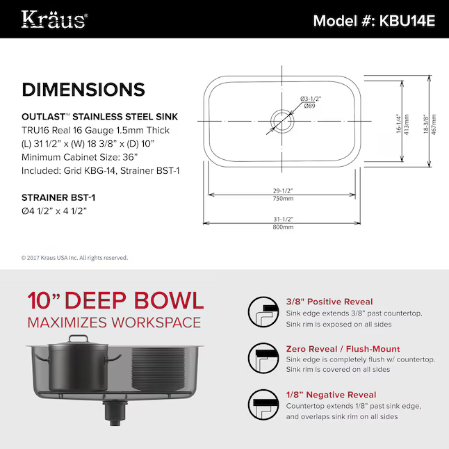 Kraus Outlast MicroShield Undermount 31.5-in x 18.38-in Stainless Steel Single Bowl Kitchen Sink, KBU14E   2845146, MSRP: $239.95, Final Price: $139.00 + Tax