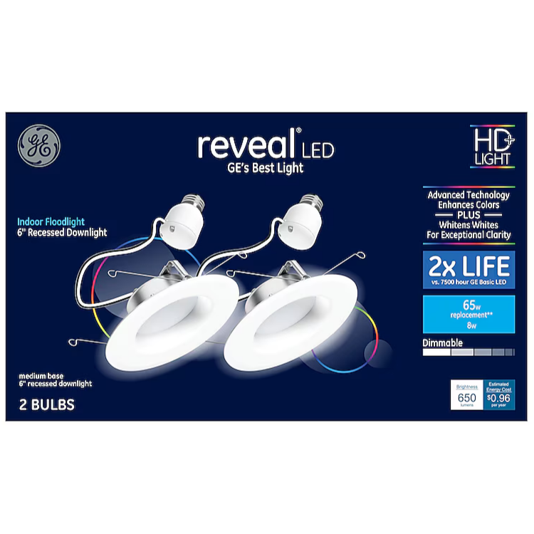 GE Reveal HD Frosted 6-in 650-Lumen Color-enhancing Round Dimmable LED Canned Recessed Downlight (2-Pack), 952388 45012