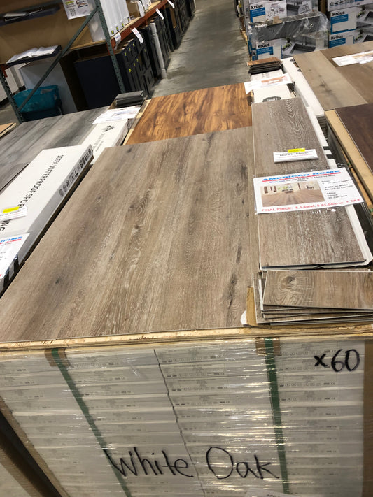 ** PALLET SALE 1,479.8sf, 49bxs, (9pcs damaged, not included in count) @ $1.29/sf) White Oak Galaxy 9x48 SPC 12mil by Max Plank 5mm 44lbs, 10pcs, 30.2sf Final:$1.69/sf