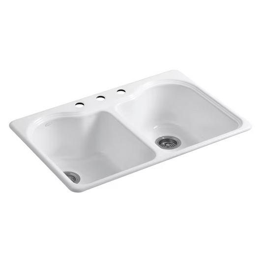 KOHLER Hartland Drop-In 33-in x 22-in White Cast Iron Double Equal Bowl 3-Hole Kitchen Sink, R5818-3-0 *JR2302, MSRP: $516.22, Final Price: $329.00 + Tax