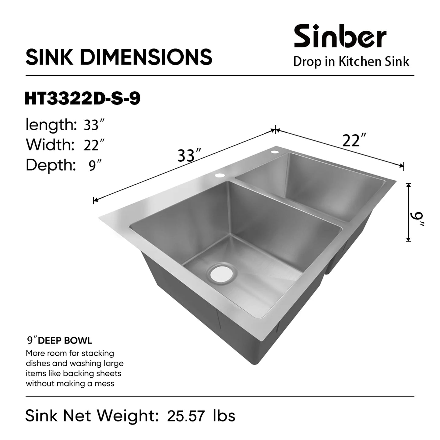 HT3322D-S-9 Duko Sink 33-IN Drop-In Double Bowl (Sink Only)