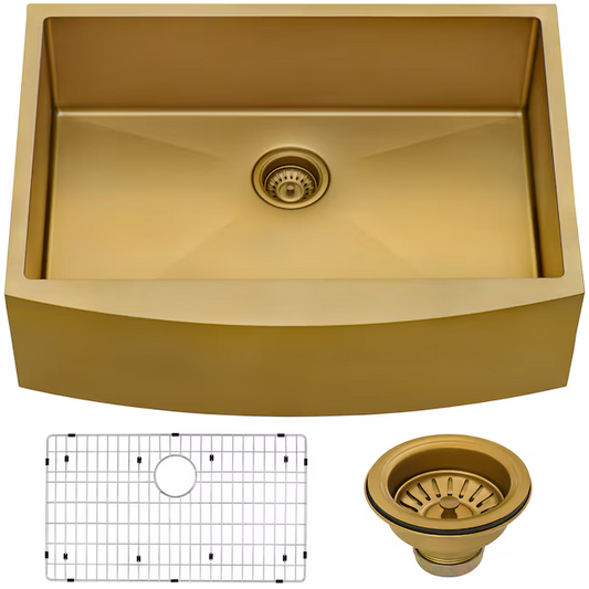 Ruvati Terraza Farmhouse Apron Front 36-in x 22-in Brass Tone Matte Gold Stainless Steel Single Bowl Kitchen Sink, RVH9880GG *JR2410, Retail: $549.00, FINAL PRICE: $379.99 + TAX