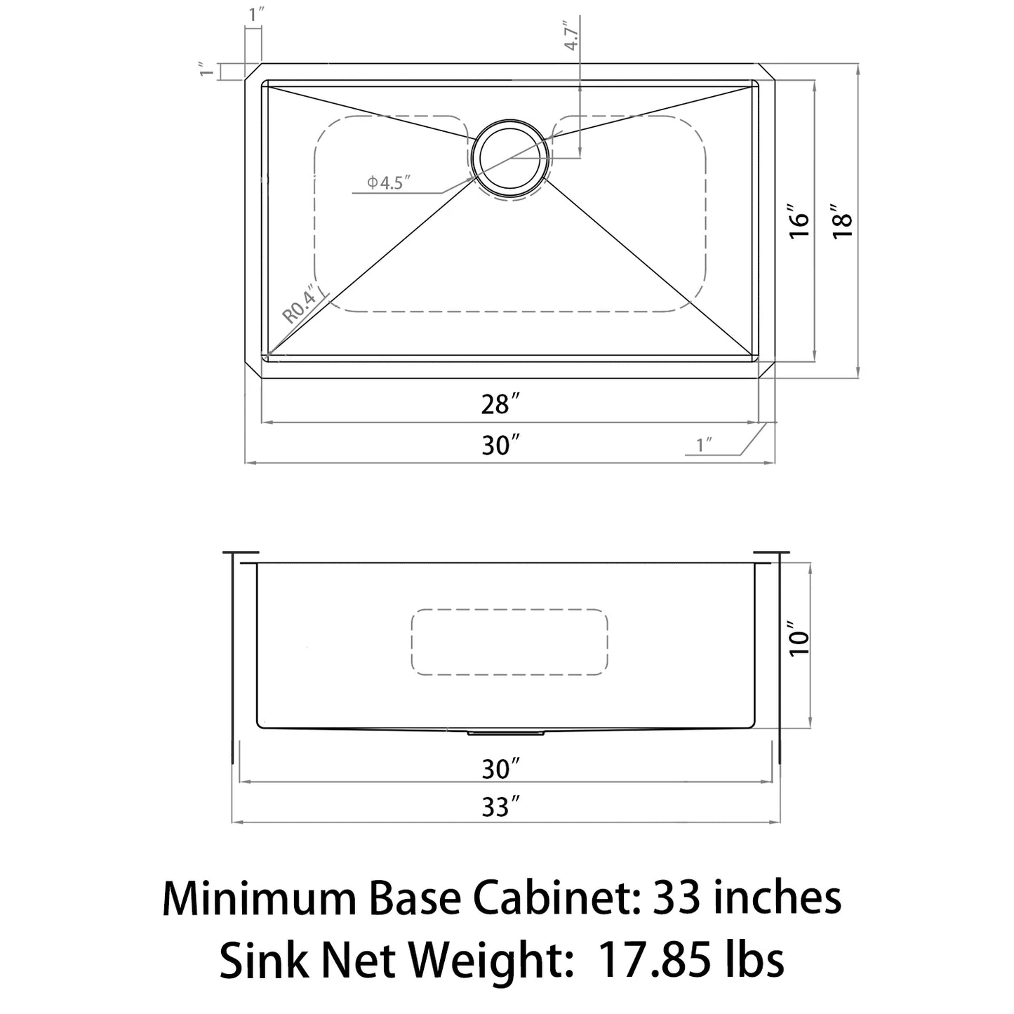 HU3018S-S Duko Sink 30-IN Undermount Single Bowl (Sink Only)