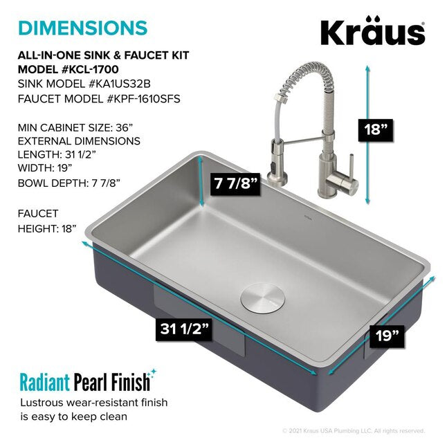 Kraus Model:# KCL-1700 32-in Undermount Sink With Commercial Style Faucet Stainless MSRP:$429.95 SPECIAL DISCOUNT!