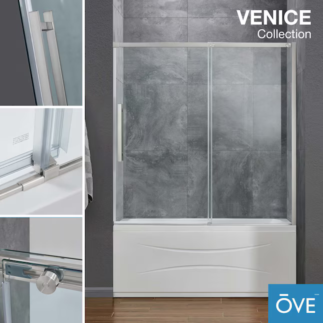 OVE Decors Venice Satin Nickel 58-in to 60-in x 59-in Semi-frameless Sliding Bathtub Door, 1238010 VENICE-TDSN *HD24, MSRP: $729.00