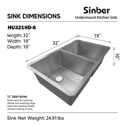 HU3219D-S Duko Sink 32-IN Undermount Double Bowl (Sink Only)