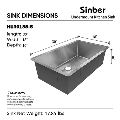 HU3018S-S Duko Sink 30-IN Undermount Single Bowl (Sink Only)