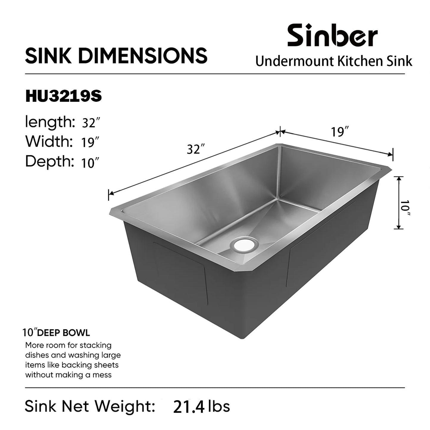 HU3219S-S-16 Duko Sink 32-IN Undermount Single Bowl (Sink Only) 16 Gauge