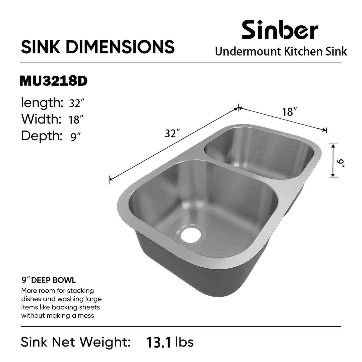 MU3218D Duko Sink 32-IN Undermount Double Bowl (Sink Only)