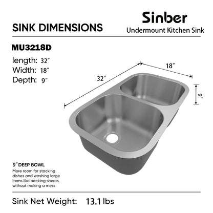 MU3218D Duko Sink 32-IN Undermount Double Bowl (Sink Only)