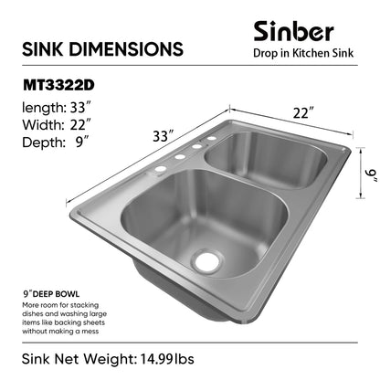 Duko Sink 33-IN Drop-In Double Bowl (Sink Only), MT3322D