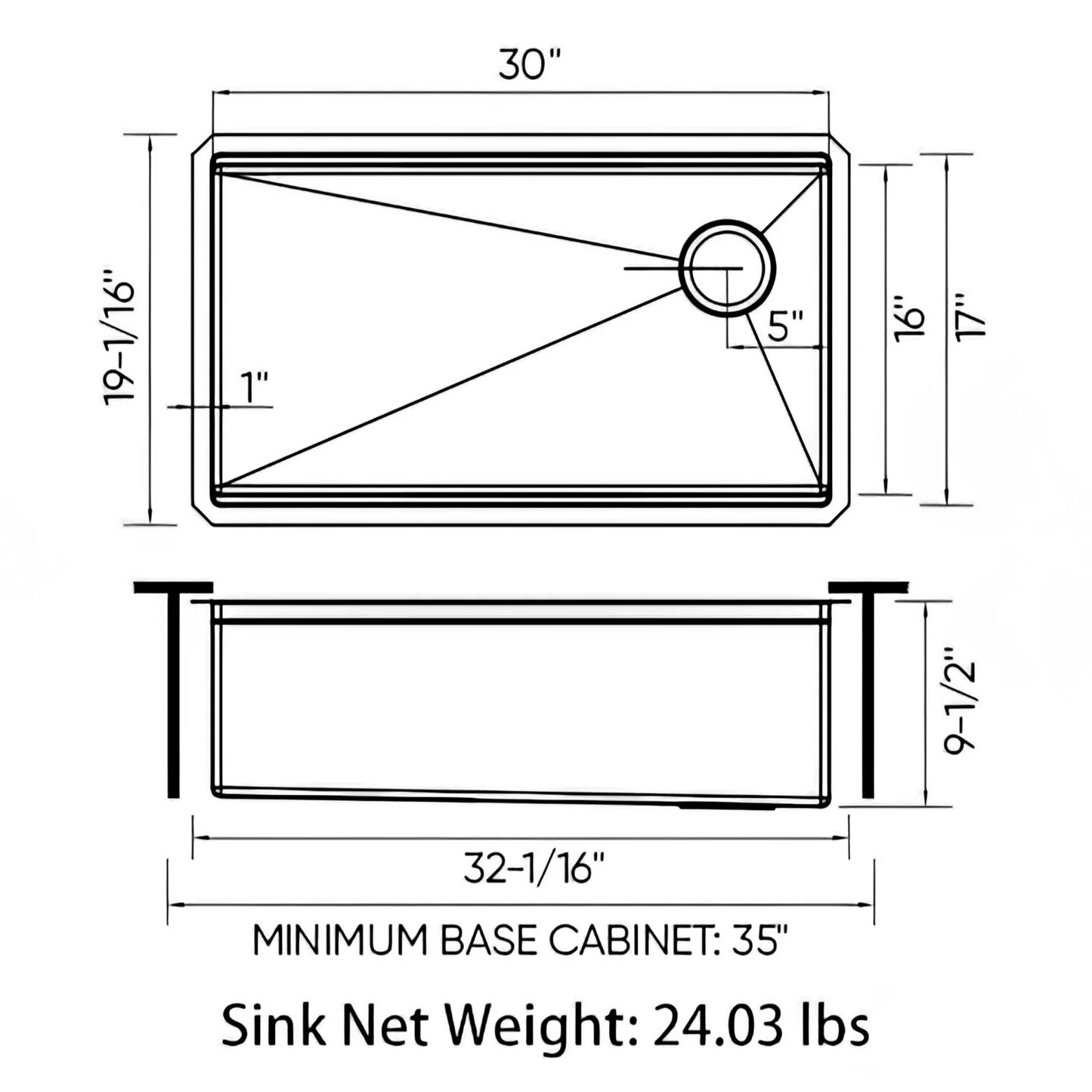 KSS0001S-OL Duko Sink 33-IN Undermount Single Bowl (With Accessories)