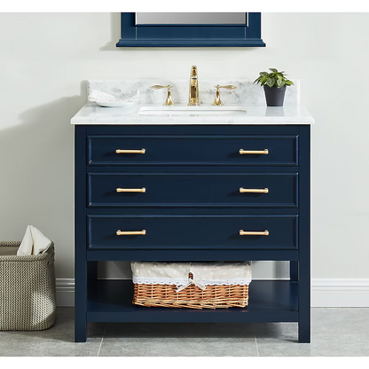 allen + roth Presnell 36-in Navy Blue Undermount Single Sink Bathroom Vanity with Carrara White Natural Marble Top, 261206   1083166 *JR2410, Retail: $899.00, FINAL PRICE: $449.99 + TAX