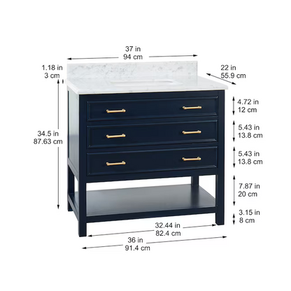 allen + roth Presnell 36-in Navy Blue Undermount Single Sink Bathroom Vanity with Carrara White Natural Marble Top, 261206   1083166 *JR2410, Retail: $899.00, FINAL PRICE: $449.99 + TAX