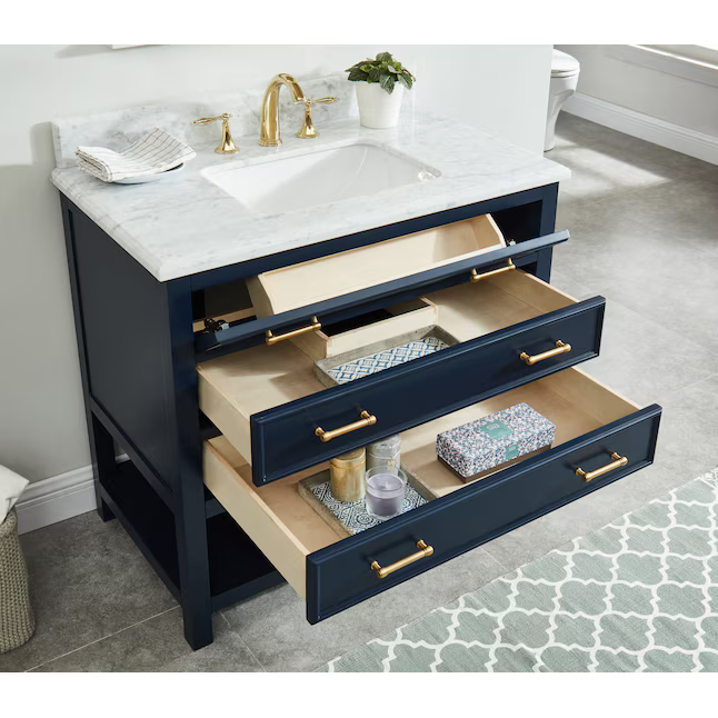 allen + roth Presnell 36-in Navy Blue Undermount Single Sink Bathroom Vanity with Carrara White Natural Marble Top, 261206   1083166 *JR2410, Retail: $899.00, FINAL PRICE: $449.99 + TAX