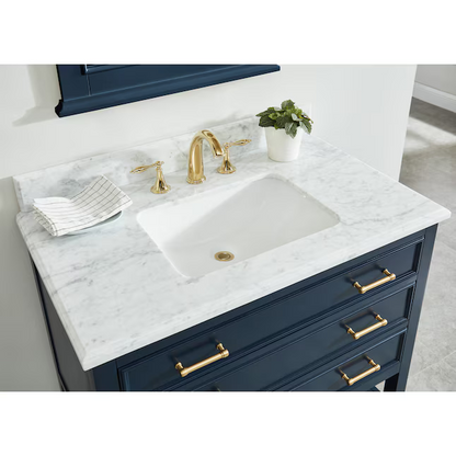 allen + roth Presnell 36-in Navy Blue Undermount Single Sink Bathroom Vanity with Carrara White Natural Marble Top, 261206   1083166 *JR2410, Retail: $899.00, FINAL PRICE: $449.99 + TAX