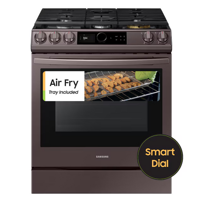 Samsung 30-in 5 Burners 6-cu ft Self-cleaning Air Fry Convection Oven Slide-in Smart Natural Gas Range (Fingerprint Resistant Tuscan Steel)