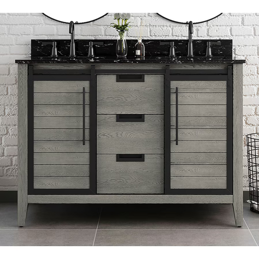 allen + roth Haverhill 48-in Weathered Oak Undermount Double Sink Bathroom Vanity with Black Engineered Marble Top, TJ-0113V4822GR   5288051, Retail: $1,199.00, FINAL PRICE: $569.99 + TAX