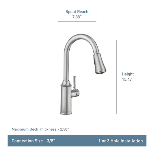 Moen Conneaut Spot Resist Stainless Single Handle Pull-down Kitchen Faucet with Sprayer (Deck Plate Included), 87801SRS   5656152 *HD2412, Retail: $325.00, FINAL PRICE: $129.99 + TAX