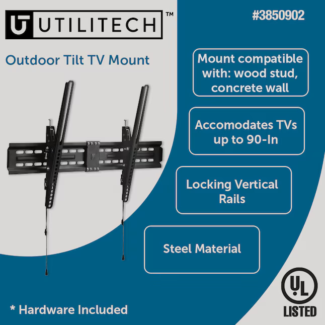 Utilitech Tilt Outdoor Wall Tv Mount Fits TVs up to 90-in (Hardware Included), UT-IO-175T   3850902 *HD2412, Retail: $59.98, FINAL PRICE: $39.99 + TAX