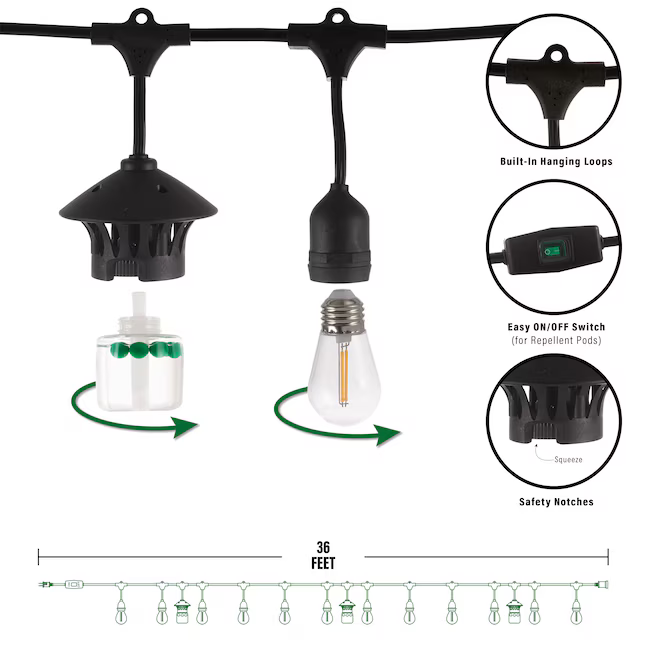 TIKI 36-ft Plug-in Clear Outdoor String Light with 12 Clear-Light LED Edison Bulbs Repels Mosquitos, 1523001   5341739 *HD2409, Retail: $159.08, FINAL PRICE: $99.99 + TAX