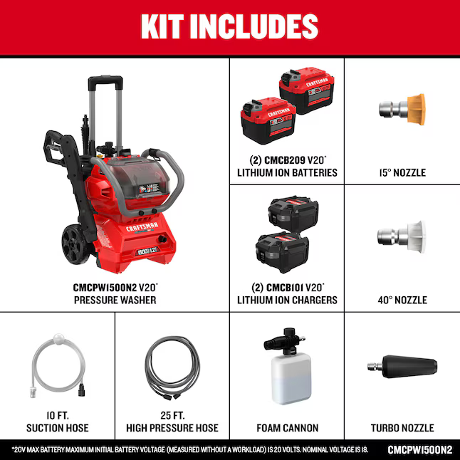 CRAFTSMAN V20 Brushless RP 1500 PSI 1.2-GPMs Cold Water Battery Pressure Washer with 3 Spray Tips 9 Ah (Battery and Charger Included), CMCPW1500N2 *JR2410, Retail: $549.00, FINAL PRICE: $199.99 + TAX