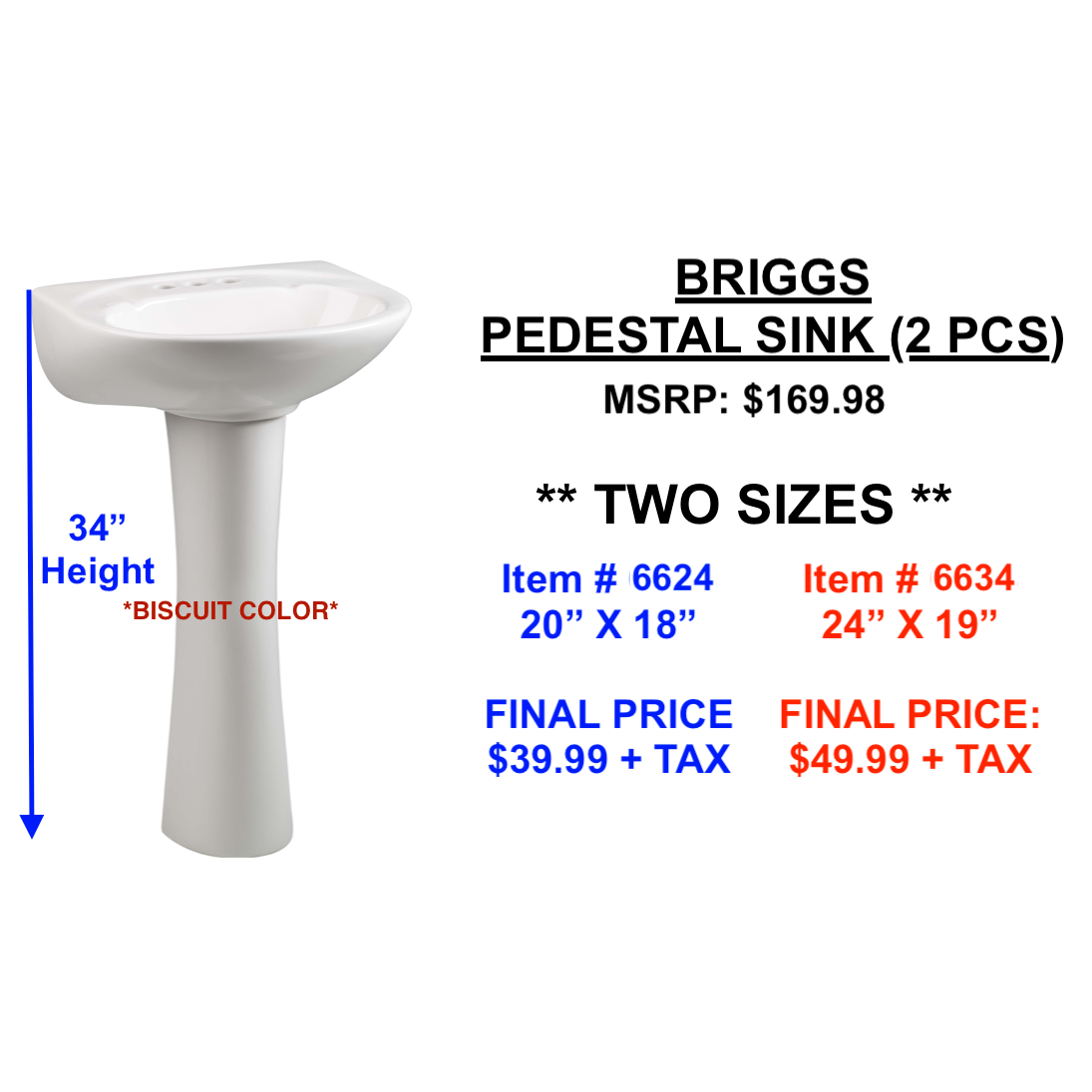 20-in - Briggs Petite Altima Biscuit Pedestal Sink 6683 235 6624 235 MSRP:$169.98 CLEARANCE!