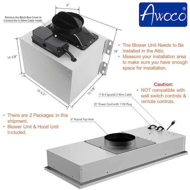 Awoco 36-in Ducted 800-CFM Stainless Steel Insert Under Cabinet Range Hood