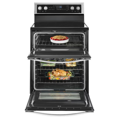 Whirlpool 30-in Glass Top 5 Burners 4.2-cu ft / 2.5-cu ft Steam Cleaning Convection Oven Freestanding Double Oven Electric Range (Stainless Steel)