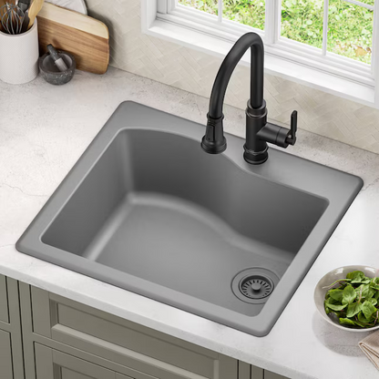 Kraus Quarza Dual-mount 25-in x 22-in Grey Granite Single Bowl 1-Hole Kitchen Sink, KGD-441GREY   2845165  *HD2411, Retail: $239.95, FINAL PRICE: $129.99 + TAX