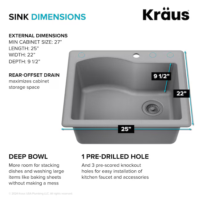 Kraus Quarza Dual-mount 25-in x 22-in Grey Granite Single Bowl 1-Hole Kitchen Sink, KGD-441GREY   2845165  *HD2411, Retail: $239.95, FINAL PRICE: $129.99 + TAX