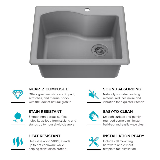 Kraus Quarza Dual-mount 25-in x 22-in Grey Granite Single Bowl 1-Hole Kitchen Sink, KGD-441GREY   2845165  *HD2411, Retail: $239.95, FINAL PRICE: $129.99 + TAX