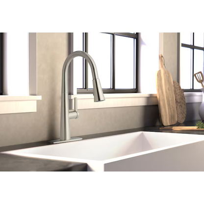 allen + roth Bryton Stainless Steel Single Handle Pull-down Kitchen Faucet with Sprayer Function (Deck Plate Included), 21-K131HSS-AR  2517064, MSRP: $129.00, FINAL PRICE: $69.99 + Tax