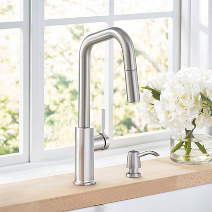 allen + roth Palmetto Spot Resist Stainless Single Handle Pull-down Kitchen Faucet with Sprayer (Deck Plate and Soap Dispenser Included), FP1B4231SP   5505617 *HD2412, Retail: $149.00, FINAL PRICE: $79.99 + TAX