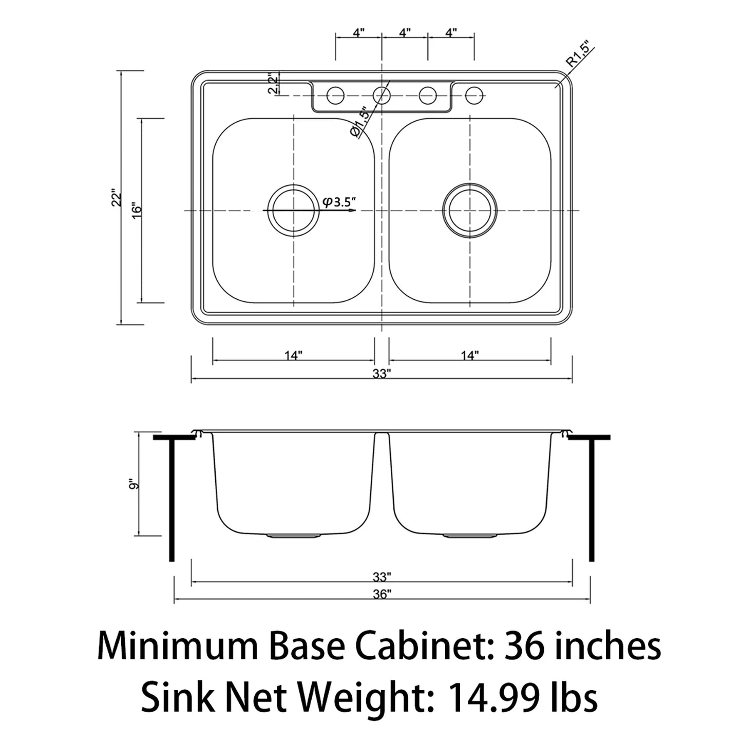 Duko Sink 33-IN Drop-In Double Bowl (Sink Only), MT3322D