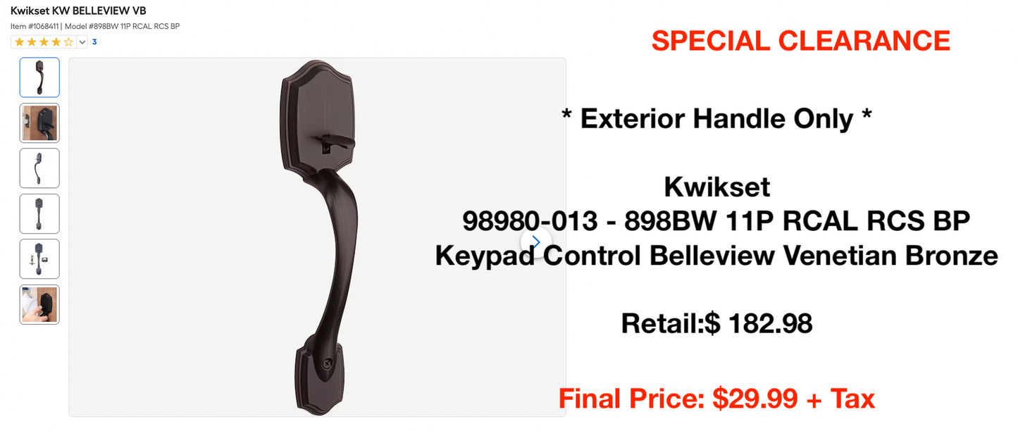 **EXTERIOR HANDLE ONLY** Kwikset 98980-013 - 898BW 11P RCAL RCS BP Keypad Control Belleview Venetian Bronze Retail:$ 182.98 SPECIAL CLEARANCE