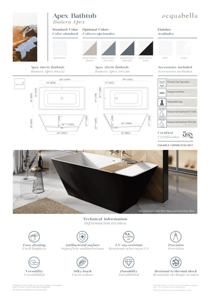 Acquabella Apex Center Drain 66x33 Freestanding Bathtub in Snow White With Matte Dark Gray, APB6633MDW, Retail: $10,000.00, FINAL PRICE: $1,499.99 + TAX