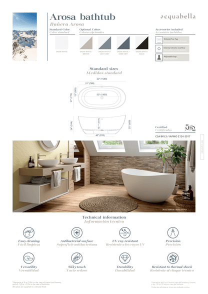 Acquabella Arosa Center Drain 62x31 Freestanding Bathtub in Gloss White, ASB6231GW, Retail: $10,000.00, FINAL PRICE: $1,499.99 + TAX