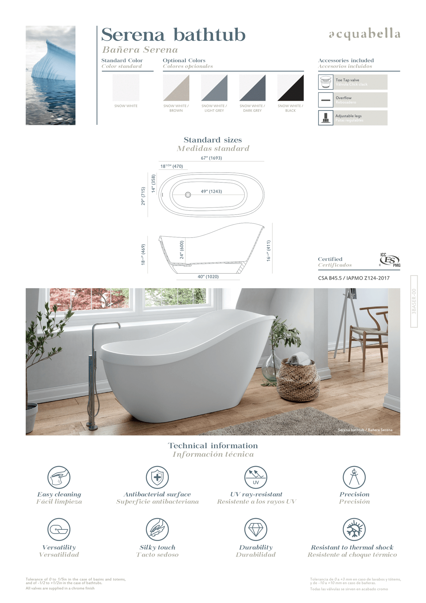 Acquabella Serena Center Drain 67x28 Freestanding Bathtub in Snow White and Light Grey, SB6728MLW, MSRP: $10,000.00, FINAL PRICE: $1,499.99 + TAX