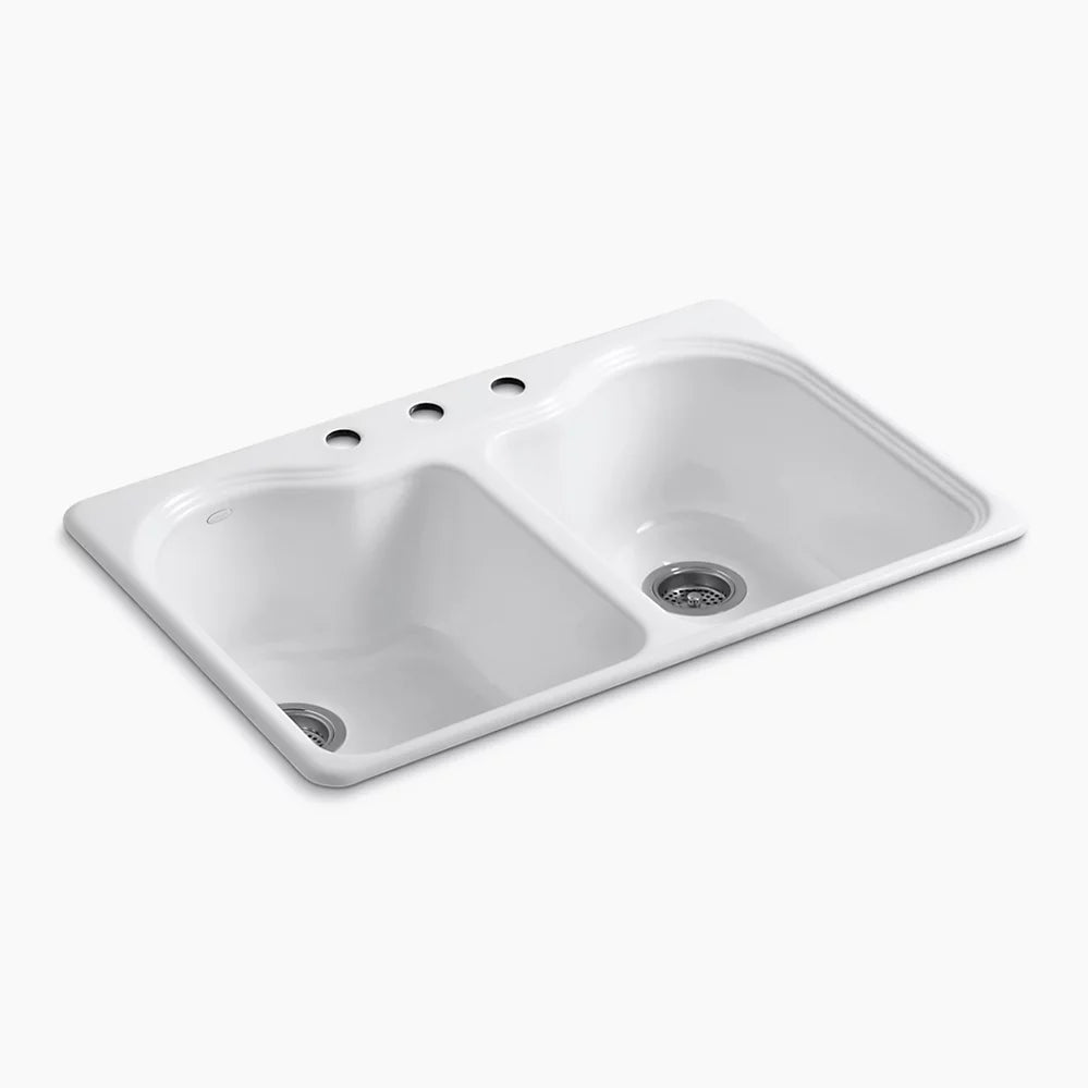 KOHLER Hartland Drop-In 33-in x 22-in White Cast Iron Double Equal Bowl 3-Hole Kitchen Sink