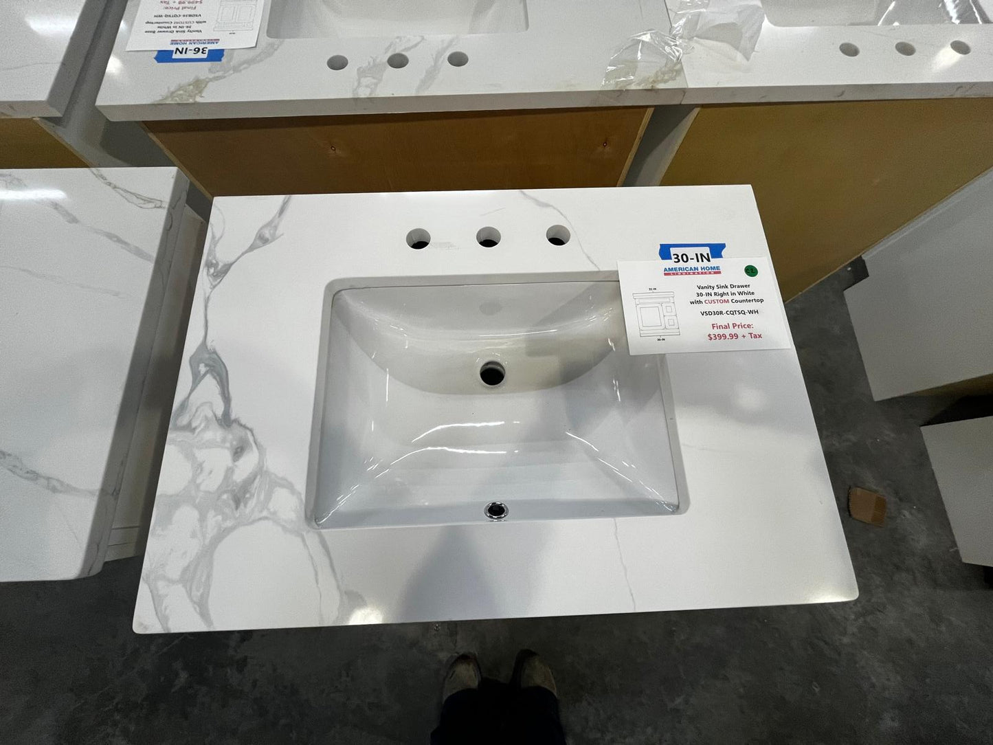 Vanity Sink Drawer 30-IN Right in White with CUSTOM Quartz Countertop, VSD30R-CQTSQ-WH, Final Price: $399.99 + Tax