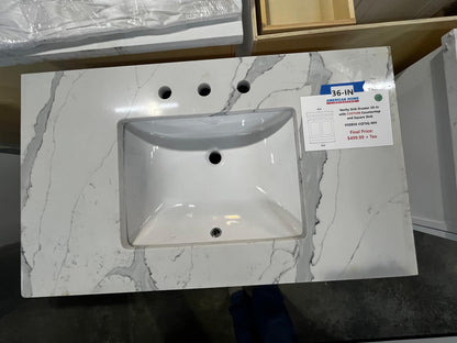 Vanity Sink Drawer Base 36-IN with CUSTOM Quartz Countertop in White, VSDB36-CQTSQ-WH, Final Price: $499.99 + Tax