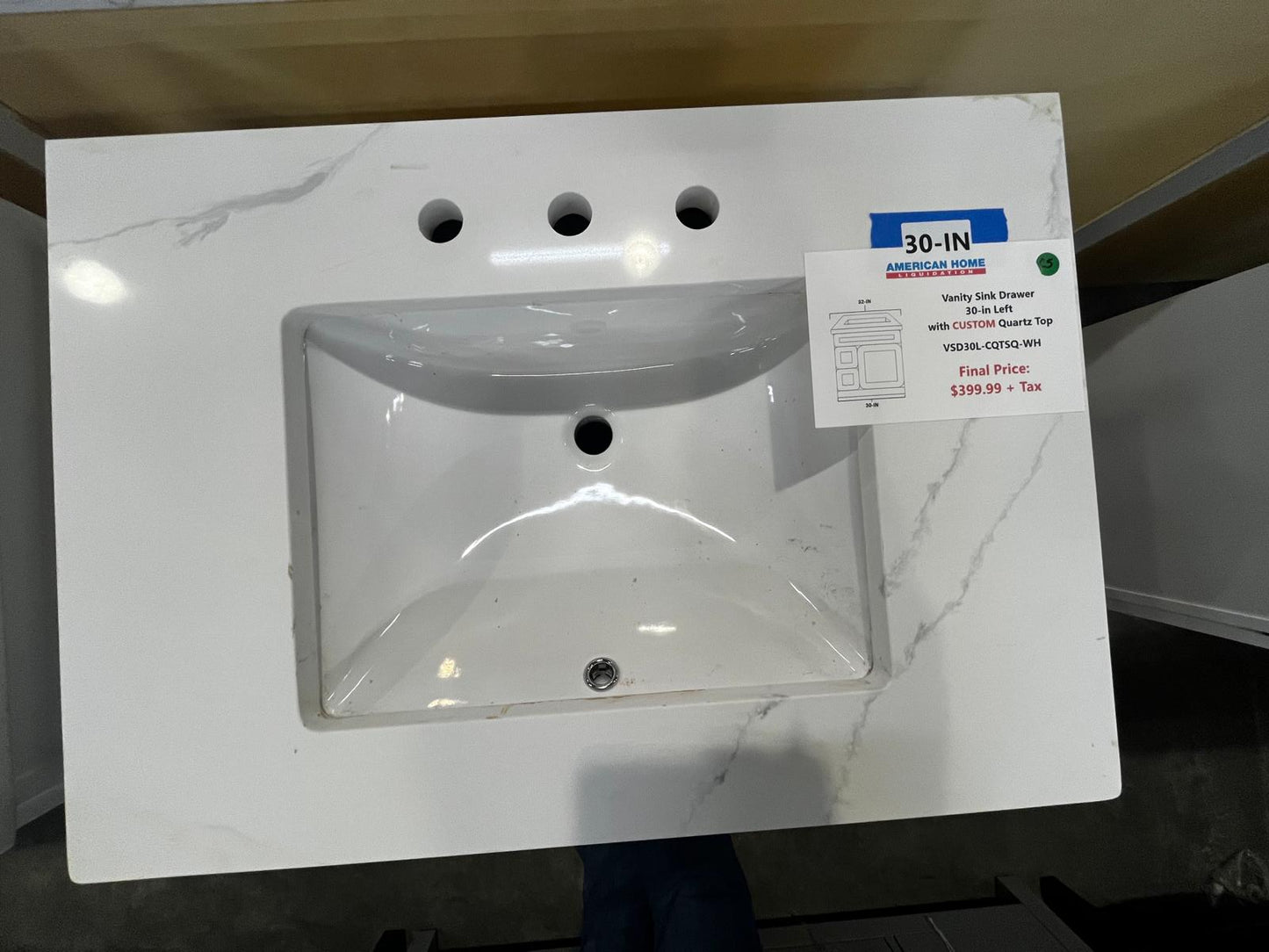 Vanity Sink Drawer 30-IN Left with CUSTOM Quartz Countertop in White, VSD30L-CQTSQ-WH, Final Price: $399.99 + Tax