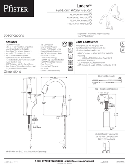 Pfister F-529-7LRRBG - Ladera Kitchen Faucet Brushed Gold  Retail:$415.00 Loc: A1 FINAL PRICE