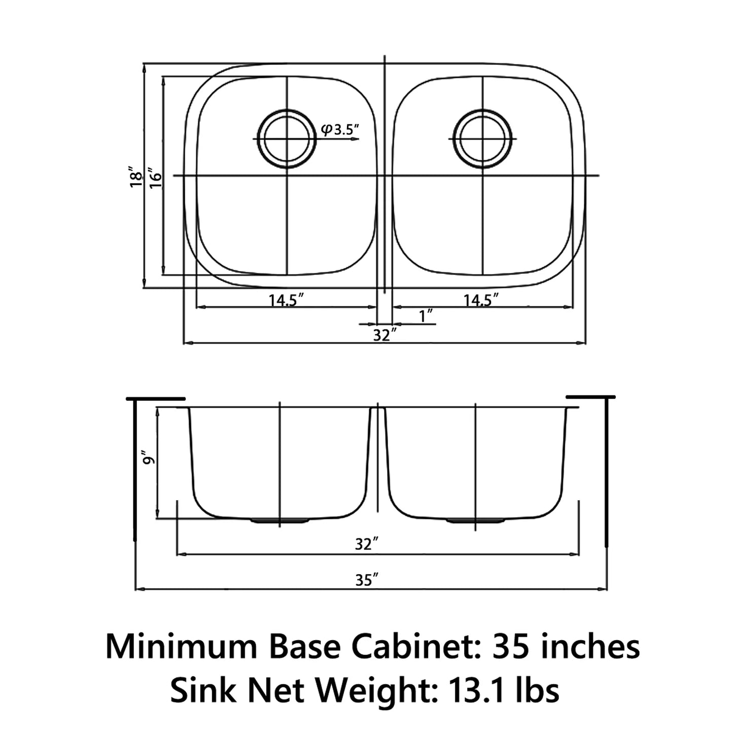 Duko Sink 32-IN Undermount Double Bowl (Sink Only), MU3218D