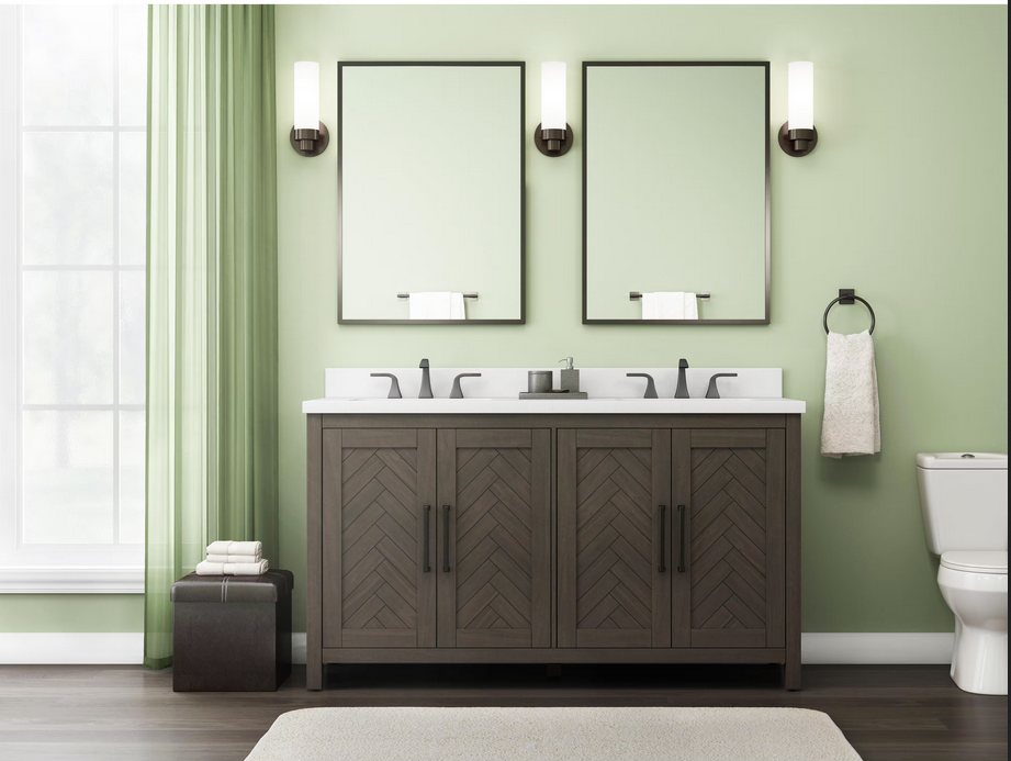 Home Decorators Leary HDC60HRV 60-IN Double Sink Freestanding Bath Vanity in Brown with white Engineered Stone Top MRSP: $1,599.00 Final Price: $699.99 + TAX