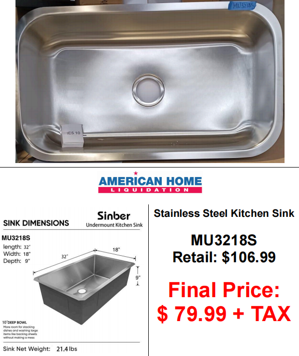 MU3218S Duko Sink 32-IN Undermount Single Bowl (Sink Only)